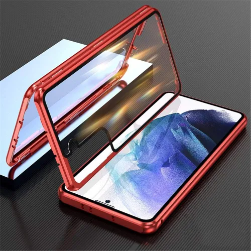 Vista 21 de Funda para Galaxy S21 con bloqueo de seguridad + adsorción magnética, vidrio templado de doble cara, a prueba de golpes, parachoques de aluminio