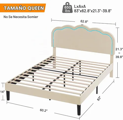 Vista 2 de VECELO Base de cama tapizada tamaño Queen con cabecero ajustable, luces LED, USB-A y tipo C, plataforma de terciopelo sin ruido, base de colchón