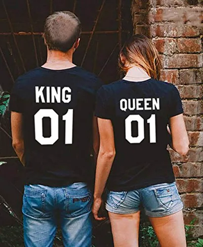 Vista 6 de Conjunto de 2 pares de camisetas King Queen para parejas, San Valentín, cumpleaños, boda