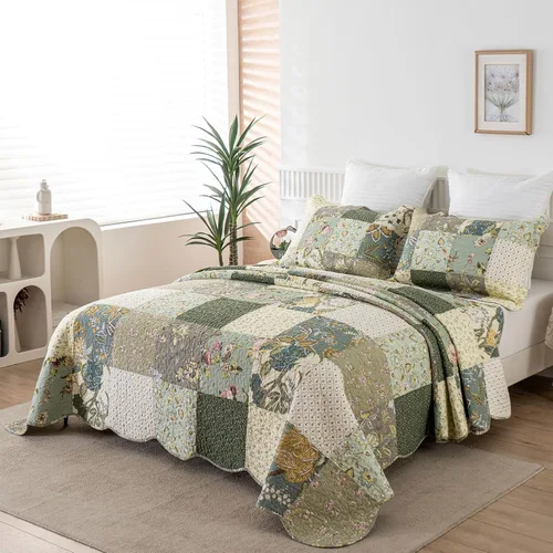Vista 2 de YAYIDAY - Edredón tamaño Queen, juego de colcha con patrón de retazos - 100% algodón reversible y transpirable con estampado floral acolchado