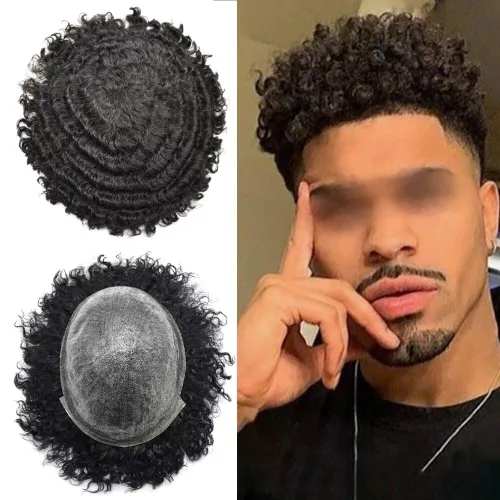 Vista 15 de Afro Toupee para hombres negros, rizado afro ondulado, postizo masculino, piel fina, PU negro, para hombre, tupé, reemplazo de cabello humano