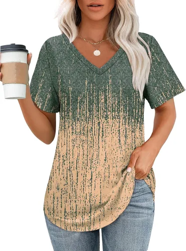Vista 11 de OFEEFAN Camisetas básicas de manga corta con cuello en V para mujer, ajuste holgado, con dobladillo curvado B-verde