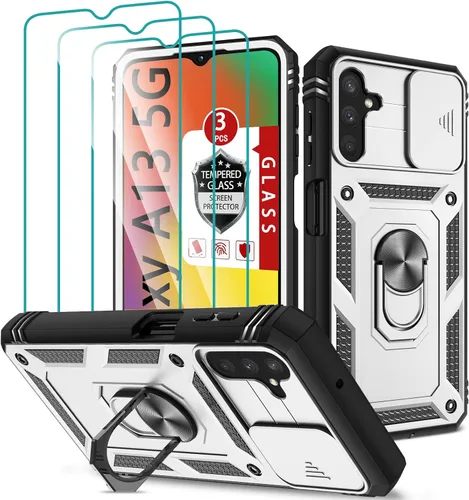 Vista 8 de Funda para Galaxy A13 5G, funda para Galaxy A04S con 3 protectores de pantalla de vidrio templado con soporte de anillo integrado + cubierta