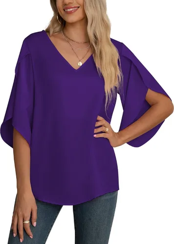 Vista 51 de Blusas de gasa con mangas 3/4 arrugadas de otoño para mujer de Jouica 01amy Verde