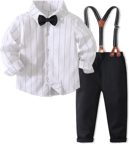 Vista 2 de Conjunto de 2 piezas para bebé, caballero blanco y negro con corbatín y pantalones para bebé, conjunto formal con tirantes