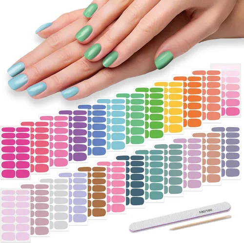 Vista 12 de Tiras de esmalte de uñas, color sólido, 24 hojas de calcomanías adhesivas de esmalte de uñas, envolturas completas de uñas de gel para mujeres