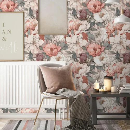 Vista 3 de Papel Tapiz Floral Vintage de Peonías Rosa Soñador/Blanco Despegar y Pegar Papel de Contacto Fácil de Despegar Papel Adhesivo Adherible para Pared