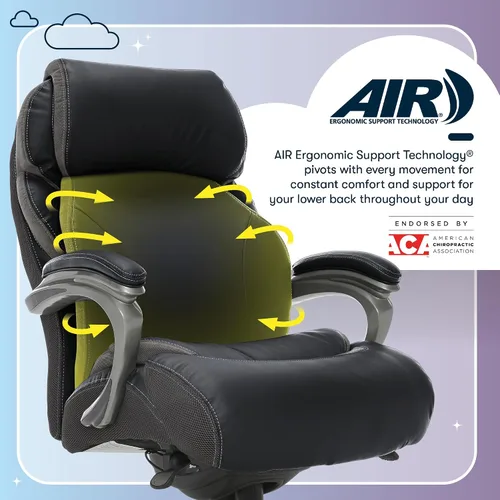 Vista 9 de Silla de oficina Serta grande y alta con capas inteligentes y tecnología de aire, Cuero, Negro