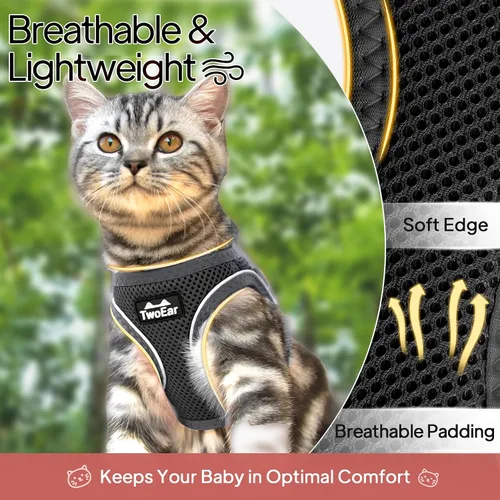 Vista 3 de TwoEar Arnés de gato a prueba de escape, suave chaleco ajustable para perro, de malla transpirable, chaqueta reflectante de fácil control para Negro