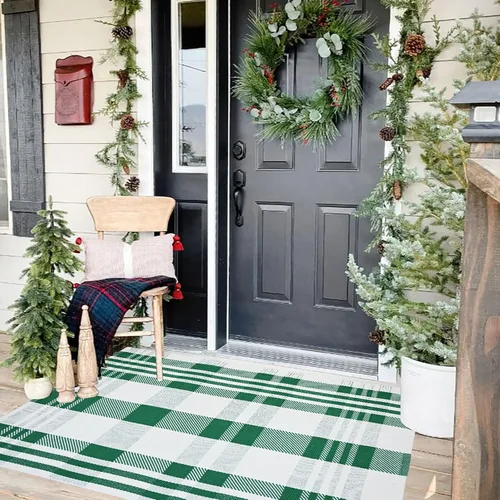 Vista 32 de Bottalive Alfombra de Navidad a Cuadros para Exteriores, 2' x 4'3'' Roja y Negra a Cuadros, Alfombra de Área para Interiores/Exteriores, Alfombra