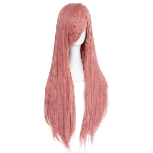 Vista 3 de Ebingoo Peluca rosa de 32 pulgadas de largo con flequillo para mujer + gorra de peluca larga y recta rosa, peluca de anime rosa con flequillo