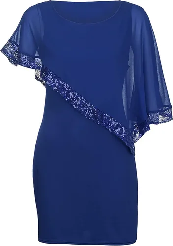 Vista 2 de Vestidos irregulares de verano con lentejuelas negras de gasa con hombros descubiertos, cuello redondo, manga corta, huecos, para mujer