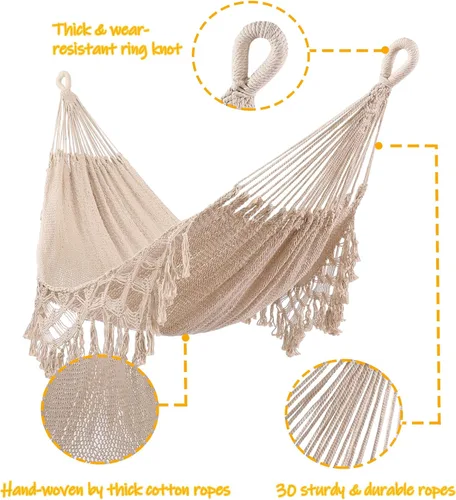 Vista 5 de ZEAN Hamaca tejida a mano con borlas de cuerda de algodón gruesa XL Hamaca para dos personas para patio exterior, jardín, playa, capacidad de 550