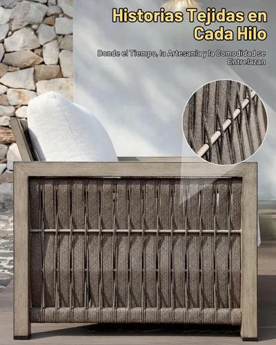 Vista 5 de Sofá de 3 asientos para exteriores, sofás de aluminio para patio con cojines gruesos, nunca se oxidan con tejido de cuerda de 3 plazas, sofá