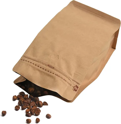 Vista 6 de Bolsas de café de papel kraft – Kraft de alta barrera y forro de aluminio – Bolsas de café de fondo plano con válvula de desgasificación, bolsas