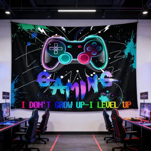 Vista 19 de Viajar Tapiz de juegos para hombre, arte de pared retro de los años 80 para dormitorio de niños, decoración del hogar de dormitorio universitario