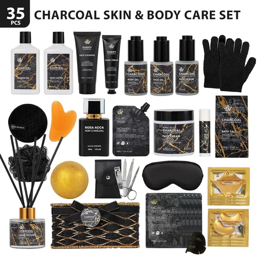 Vista 2 de 35 piezas de regalos de Navidad para mujeres y hombres, cesta de regalo de baño y cuerpo de carbón, kit de cuidado de la piel facial, regalo