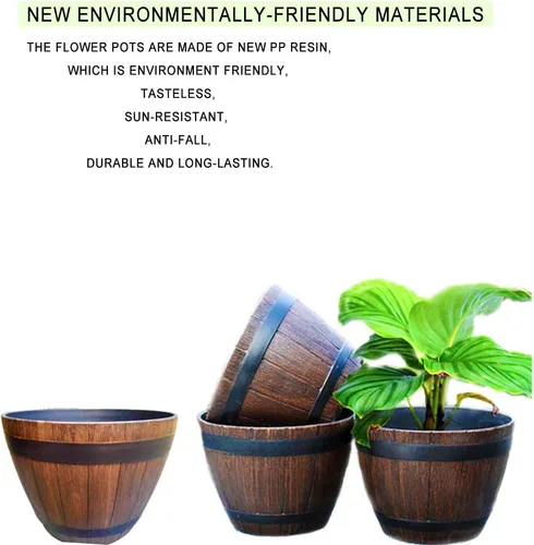 Vista 6 de Maceta de madera retro, maceta de barril de resina de estilo rústico para exteriores,Jardineras de barril de medio barril gris