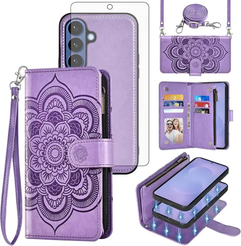 Vista 26 de Asuwish Funda de teléfono para Samsung Galaxy S26 5G con cremallera, magnética, desmontable, con protector de pantalla de vidrio templado, correa