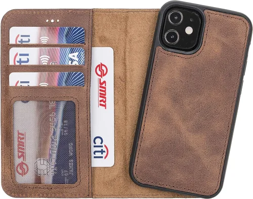Vista 3 de HARDISTON Funda de Billetera de Cuero Genuino Hecha a Mano Compatible con iPhone 12 Mini 5.4'' Funda Magnética Desmontable con Tapa Abatible