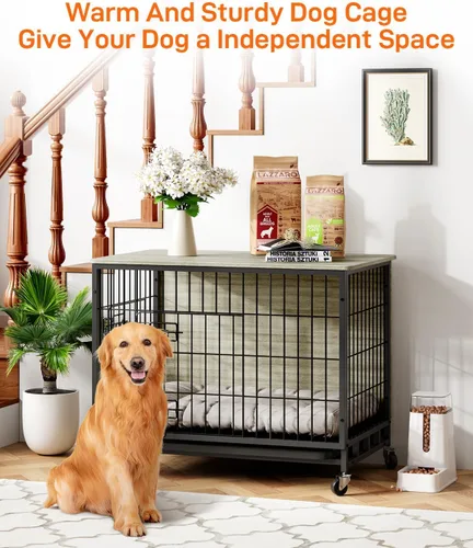 Vista 5 de Mueble de jaula para perros de 38.6 pulgadas, perrera de interior con puertas dobles, ruedas y bandeja extraíble, mesa auxiliar moderna para perros