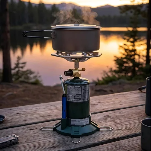 Vista 7 de Estufa de propano para acampar con quemador de propano, estufa de propano con parte superior de botella de un solo quemador, llama ajustable