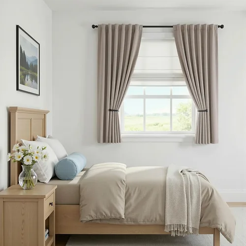 Vista 7 de Cortinas opacas completas de 63 pulgadas de largo para dormitorio, cortinas texturizadas de lino beige con forro con aislamiento térmico, cortinas