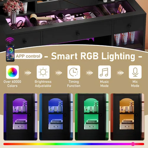 Vista 3 de Escritorio de tocador de 43.2 pulgadas con iluminación controlada por aplicación, tocador de maquillaje con espejo LED y luces RGB iluminadas Negro