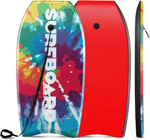 Vista 13 de GYMAX Tablas de Bodyboard para Playa, Tabla de Bodyboard de 33"/37"/41" con Núcleo de Espuma EPS, Cola en Media Luna, Doble Canal y Correa