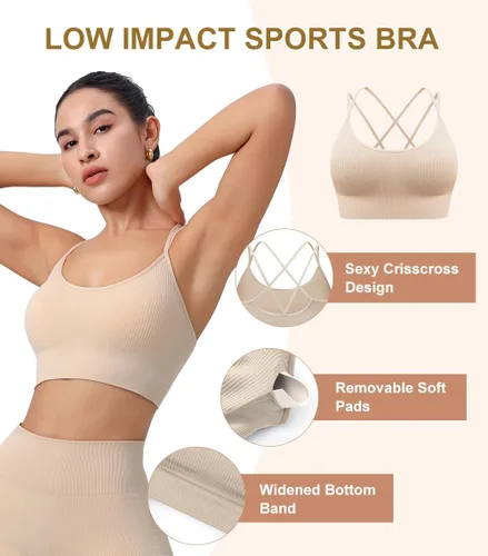 Vista 4 de Brasier deportivo acanalado para mujer, con tirantes acolchados, espalda, perfecto para yoga, entrenamiento y fitness, diseño de bajo impacto y sin