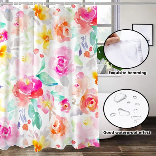 Vista 4 de Lovetar Cortina de ducha con diseño de flores de acuarela brillante, diseño femenino, tela impermeable, lavable, juego de cortinas de baño para baño