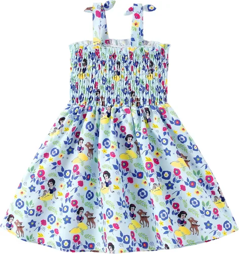Vista 11 de Disney Vestido de princesa Frozen, Elsa, Minnie Stitch, para niña, con lazo, tirantes fruncidos, traje de verano, para fiesta de cumpleaños, 2-9 años