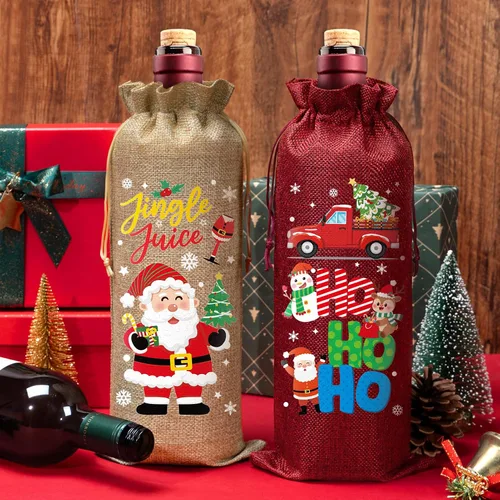 Vista 5 de Aoonby 12 piezas de bolsas de vino de arpillera, bolsas de regalo de vino de Navidad para botellas, regalos, bolsa de botella de Navidad con cordón