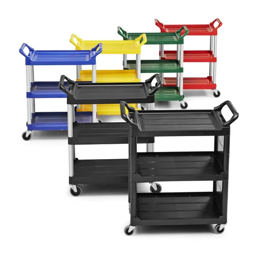 Vista 9 de Rubbermaid Commercial Products Carrito Rodante de Servicio/Utilitario/de Empuje de Servicio Pesado de 3 Estantes, Capacidad de 200 libras, Negro