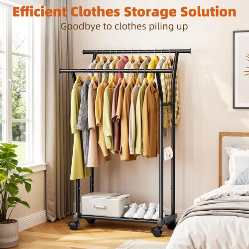 Vista 2 de Luxspire Perchero de doble barra para colgar ropa, perchero con ganchos laterales, estantes inferiores, ruedas de 360°, percheros para dormitorio