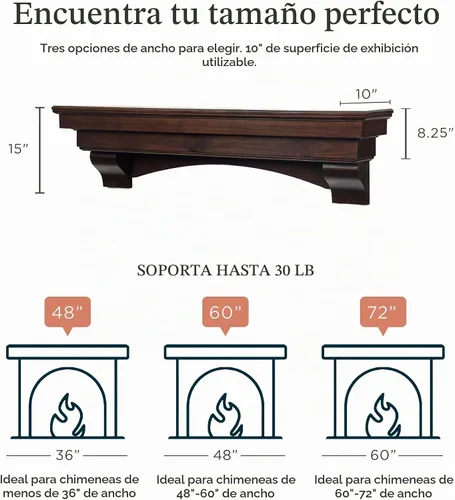 Vista 2 de MANTELSDIRECT Mantels Direct Salem - Repisa de Chimenea de Madera con Ménsulas Arqueadas - Cerezo 48 Pulgadas Estante Rústico de Madera de Pino