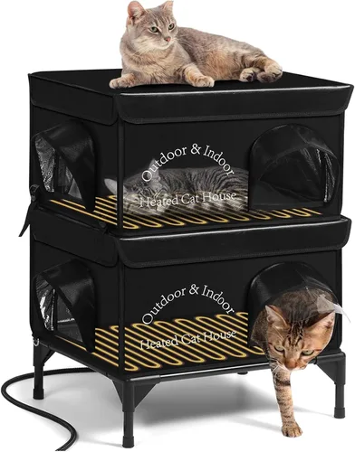 Vista 7 de Casa climatizada para gatos exteriores en invierno, refugio aislado para gatos con almohadilla térmica para gatos, 2 puertas, casa elevada