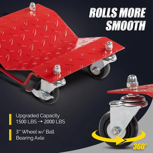 Vista 3 de TUFFIOM Juego de 4 carros para automóvil, 8000 libras de capacidad, carrito de vehículos resistentes, patines de neumáticos de acero con frenos