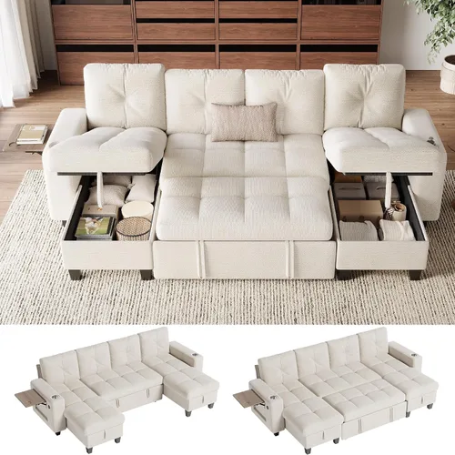 Vista 12 de LINSY HOME Modular Sectional Sofa Bed, Chenille Pull Out Couch 2 Seat Beige