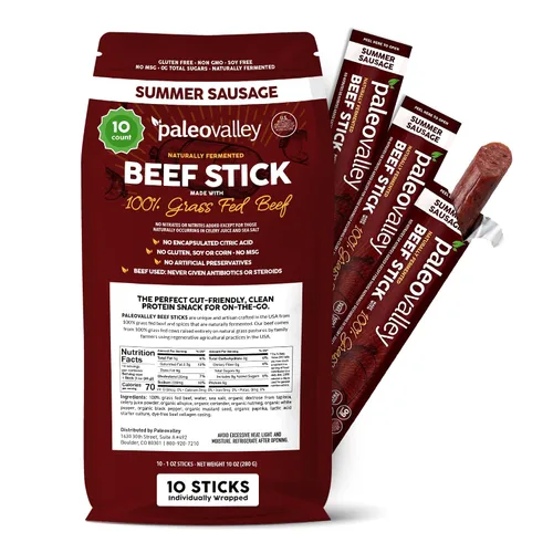 Vista 9 de Paleovalley: Palitos de carne 100% alimentados con pasto – Bocadillo orgánico paleo y keto con probióticos naturales – 40 palitos de carne seca