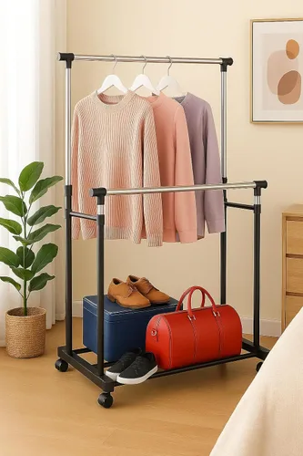 Vista 4 de Perchero resistente con ruedas resistentes, capacidad de carga de 450 libras, estante antideslizante de metal ajustable para colgar ropa