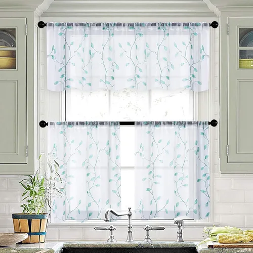 Vista 6 de MRTREES Cenefa de cortina transparente de Navidad, 2 paneles de cortinas bordadas con hojas pequeñas de 54 x 16 pulgadas, bolsillo para barra
