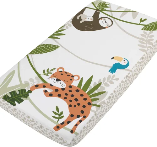 Vista 15 de NoJo Sleepysaurus - Sábana bajera ajustable para cuna, 100% algodón, diseño de hojas de dinosaurio azul, amarillo, gris y blanco