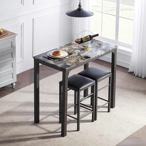 Vista 2 de VECELO Mesa de desayuno de 3 piezas con altura de mostrador de pub con 2 taburetes de bar, juego de comedor para 2, marrón oscuro