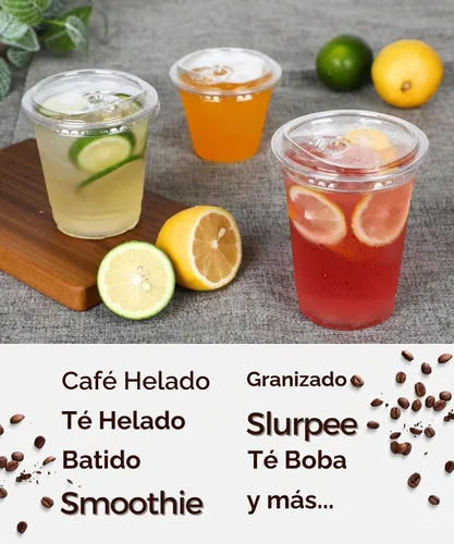 Vista 5 de Paquete de 100 vasos de plástico transparente de 9 onzas con tapas sin popote para beber, vasos desechables de plástico para café helado, vasos
