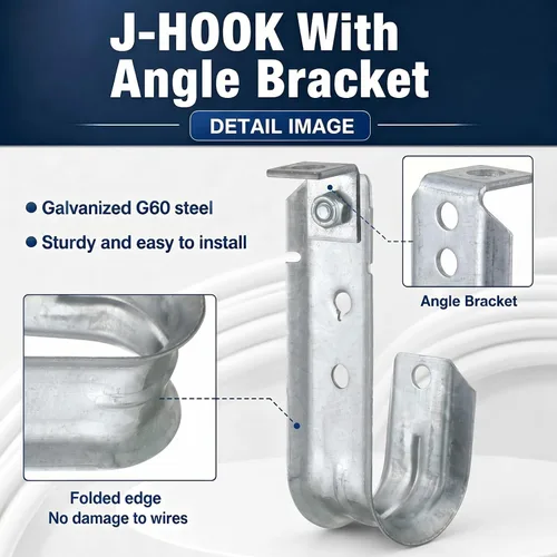 Vista 2 de Zonon 1 Pcs J Hooks Ceiling Mount Metal J Hooks Support Heavy Duty G60 Galvanized Steel Cable Management for Hanging Attaching to Vertical Surfaces