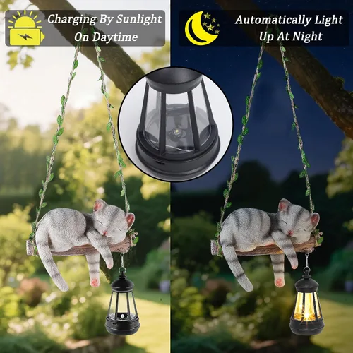Vista 3 de Estatua de jardín con luz solar para exteriores, columpio colgante de 22.6 pulgadas de alto con un gato dormido y una linterna LED, figura de animal