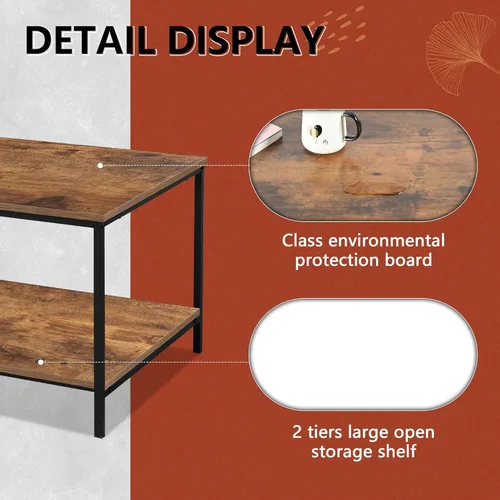 Vista 4 de SENIG Mesa de café pequeña rectangular marrón de madera y metal con estante de almacenamiento para salas de estar pequeñas
