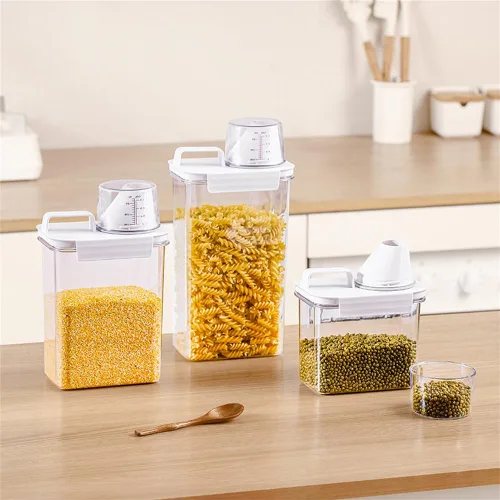 Vista 3 de 2 recipientes de almacenamiento dispensadores de arroz, cubo de arroz pequeño de 1.1 L con taza medidora y boquilla de vertido, recipiente hermético
