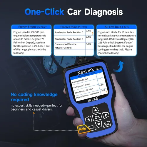 Vista 9 de NEXAS Escáner NL101 OBD2 con Probador de Batería - Lector de Códigos del Motor, Escáner de Diagnóstico Automotriz con Datos en Vivo, Freeze Frame